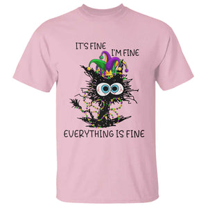 Funny Mardi Gras Cat T Shirt It's Fine I'm Fine Everything Is Fine Jester Hat Beads TS11 Light Pink Print Your Wear