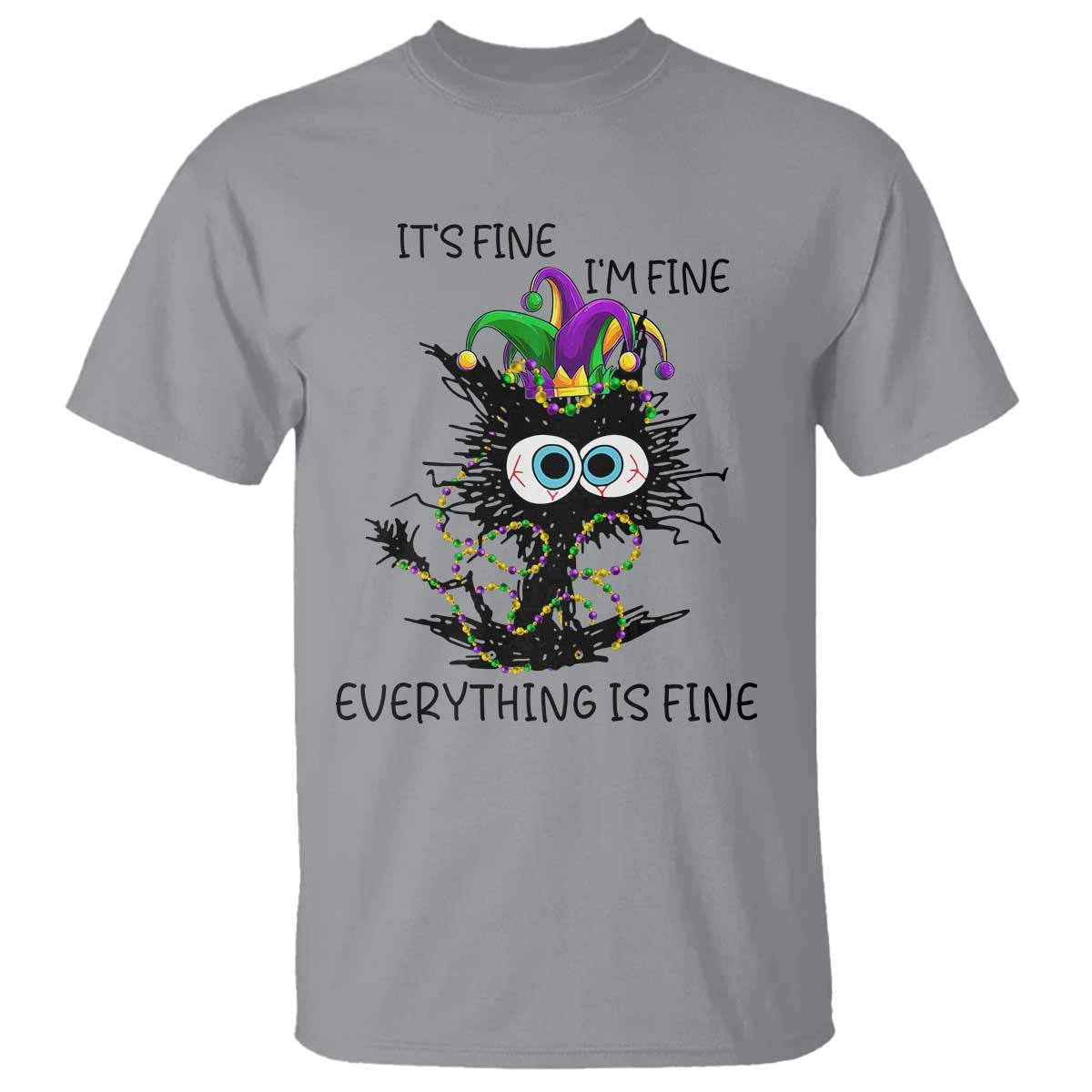 Funny Mardi Gras Cat T Shirt It's Fine I'm Fine Everything Is Fine Jester Hat Beads TS11 Sport Gray Print Your Wear