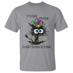 Funny Mardi Gras Cat T Shirt It's Fine I'm Fine Everything Is Fine Jester Hat Beads TS11 Sport Gray Print Your Wear
