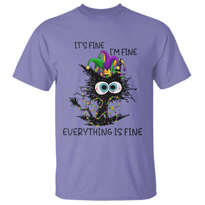Funny Mardi Gras Cat T Shirt It's Fine I'm Fine Everything Is Fine Jester Hat Beads TS11 Violet Print Your Wear