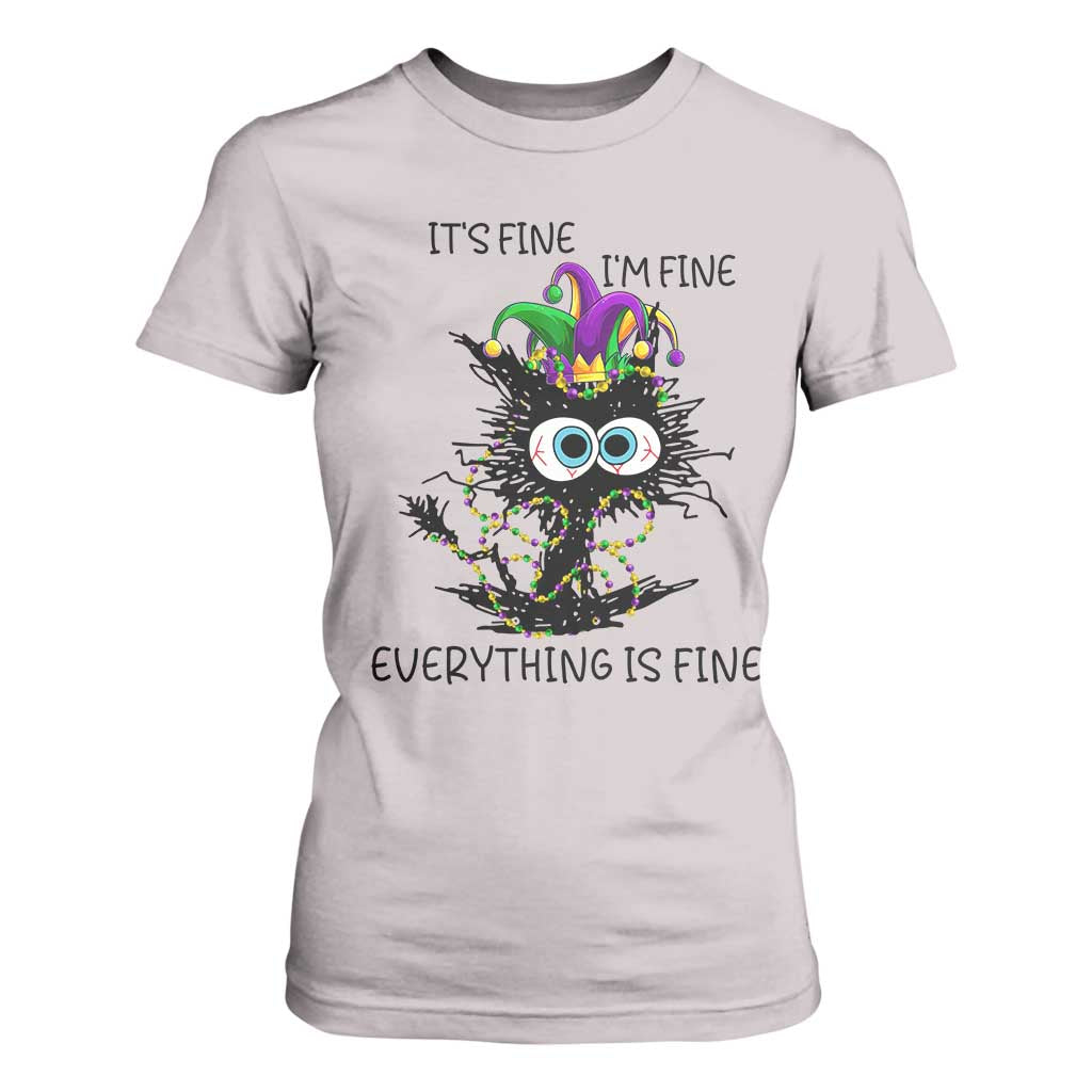 Funny Mardi Gras Cat T Shirt For Women It's Fine I'm Fine Everything Is Fine Jester Hat Beads TS11 Ice Gray Print Your Wear