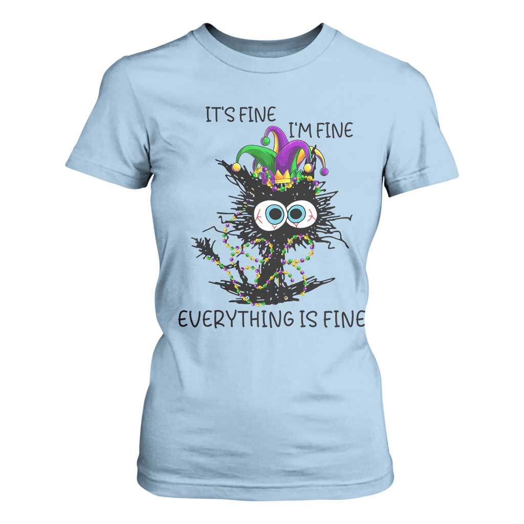 Funny Mardi Gras Cat T Shirt For Women It's Fine I'm Fine Everything Is Fine Jester Hat Beads TS11 Light Blue Print Your Wear