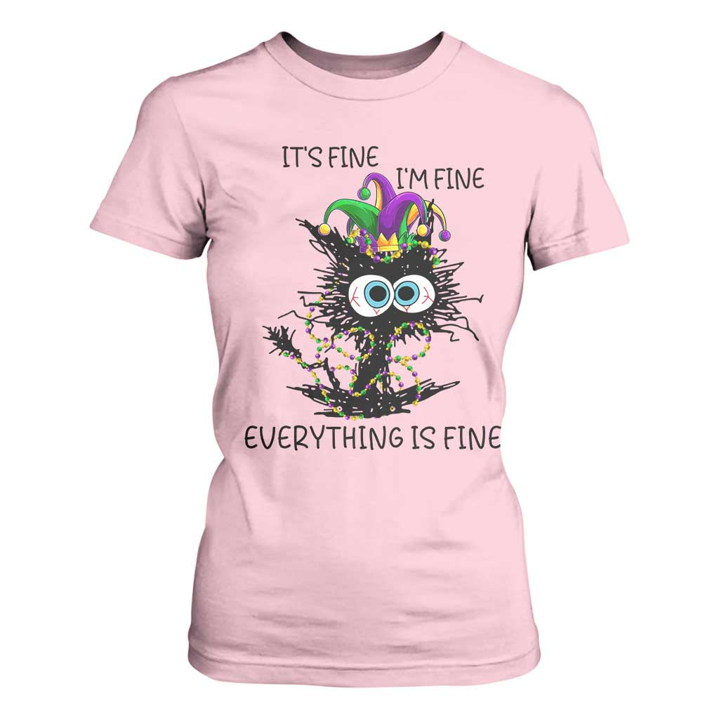 Funny Mardi Gras Cat T Shirt For Women It's Fine I'm Fine Everything Is Fine Jester Hat Beads TS11 Light Pink Print Your Wear