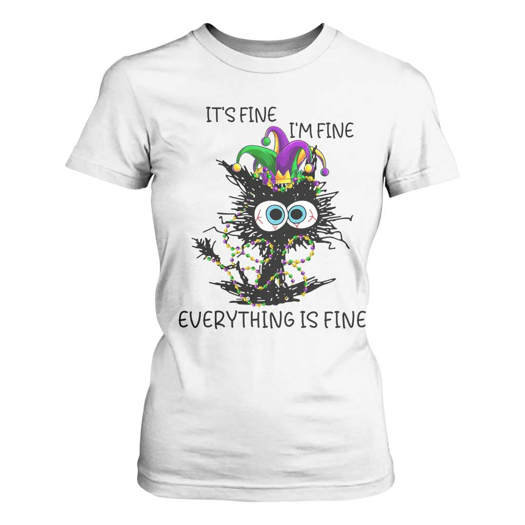 Funny Mardi Gras Cat T Shirt For Women It's Fine I'm Fine Everything Is Fine Jester Hat Beads TS11 White Print Your Wear