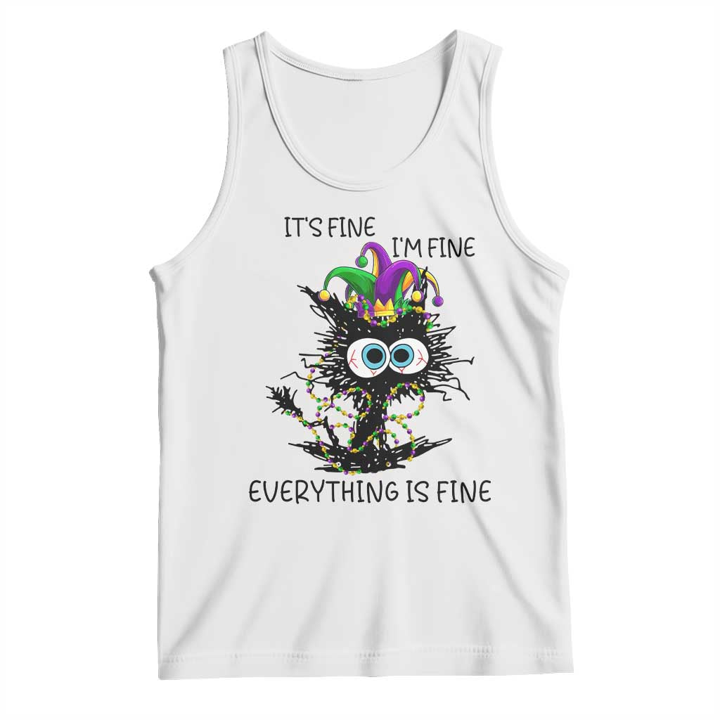 Funny Mardi Gras Cat Tank Top It's Fine I'm Fine Everything Is Fine Jester Hat Beads TS11 White Print Your Wear
