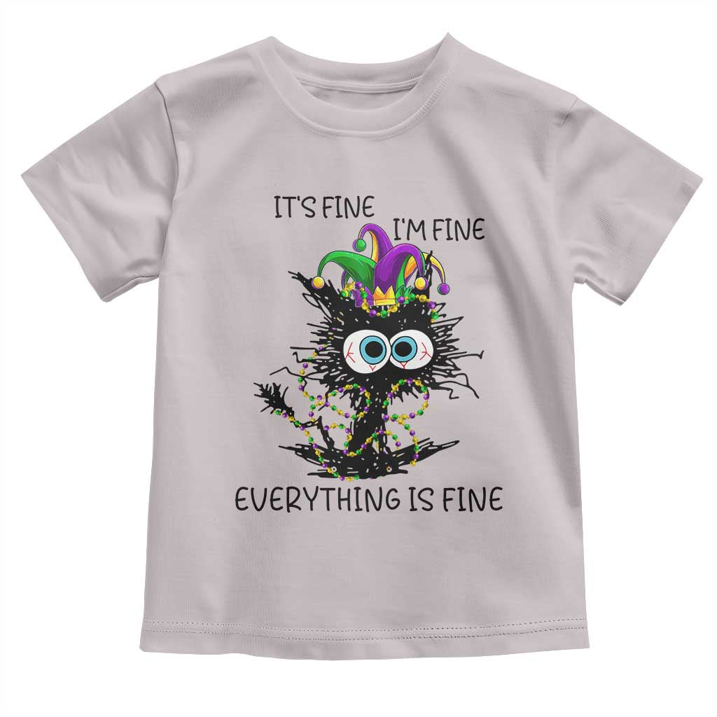 Funny Mardi Gras Cat Toddler T Shirt It's Fine I'm Fine Everything Is Fine Jester Hat Beads TS11 Ice Gray Print Your Wear