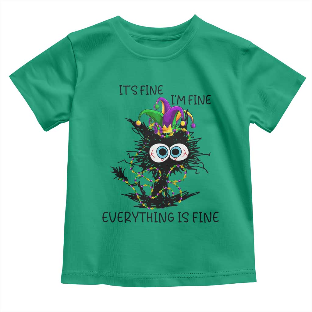 Funny Mardi Gras Cat Toddler T Shirt It's Fine I'm Fine Everything Is Fine Jester Hat Beads TS11 Irish Green Print Your Wear