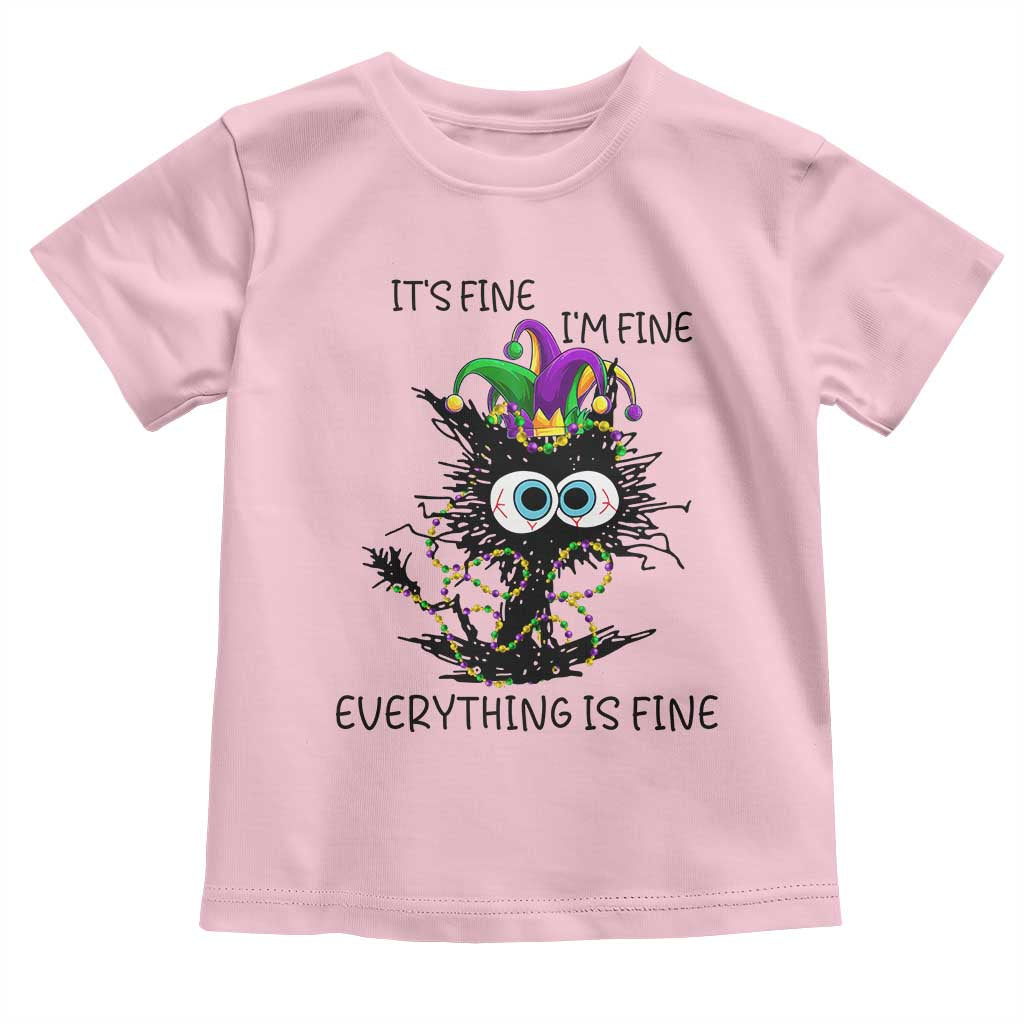 Funny Mardi Gras Cat Toddler T Shirt It's Fine I'm Fine Everything Is Fine Jester Hat Beads TS11 Light Pink Print Your Wear
