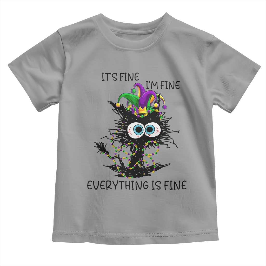 Funny Mardi Gras Cat Toddler T Shirt It's Fine I'm Fine Everything Is Fine Jester Hat Beads TS11 Sport Gray Print Your Wear