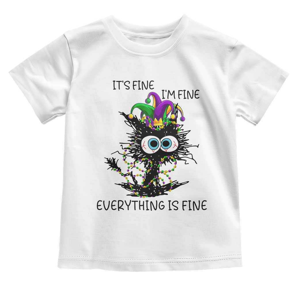 Funny Mardi Gras Cat Toddler T Shirt It's Fine I'm Fine Everything Is Fine Jester Hat Beads TS11 White Print Your Wear