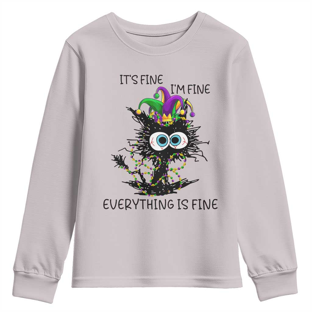 Funny Mardi Gras Cat Youth Sweatshirt It's Fine I'm Fine Everything Is Fine Jester Hat Beads TS11 Ice Gray Print Your Wear