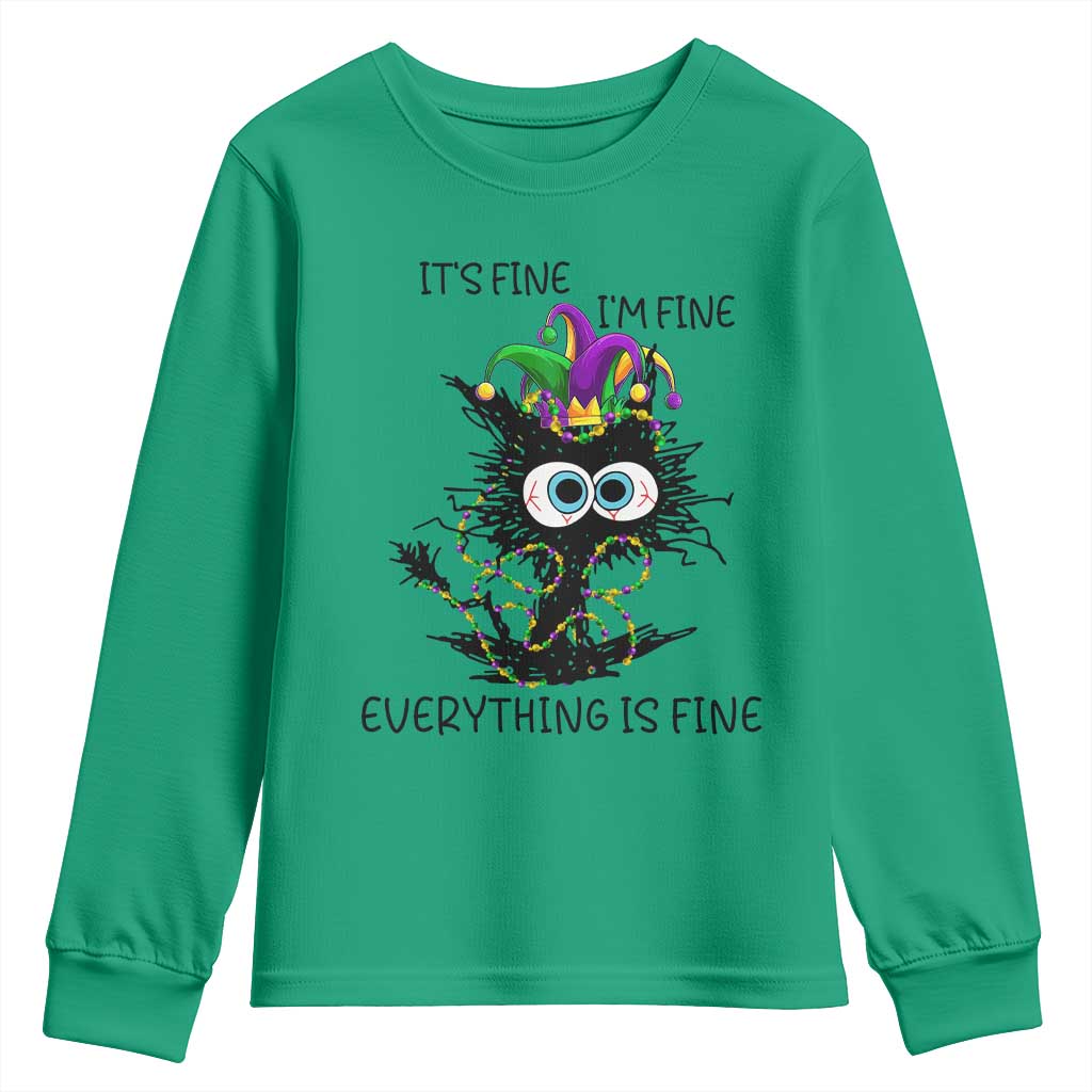 Funny Mardi Gras Cat Youth Sweatshirt It's Fine I'm Fine Everything Is Fine Jester Hat Beads TS11 Irish Green Print Your Wear