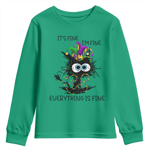 Funny Mardi Gras Cat Youth Sweatshirt It's Fine I'm Fine Everything Is Fine Jester Hat Beads TS11 Irish Green Print Your Wear