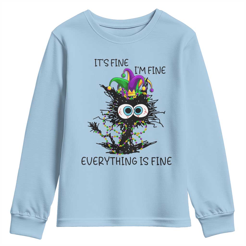 Funny Mardi Gras Cat Youth Sweatshirt It's Fine I'm Fine Everything Is Fine Jester Hat Beads TS11 Light Blue Print Your Wear