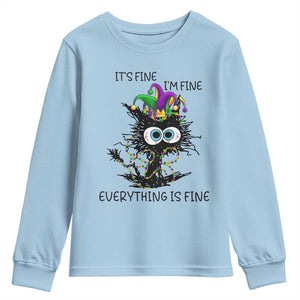 Funny Mardi Gras Cat Youth Sweatshirt It's Fine I'm Fine Everything Is Fine Jester Hat Beads TS11 Light Blue Print Your Wear