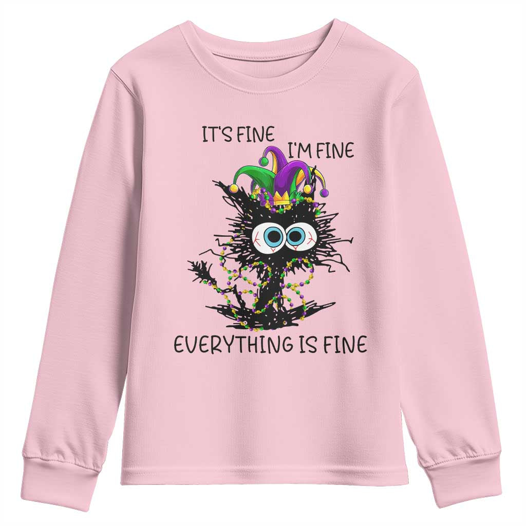 Funny Mardi Gras Cat Youth Sweatshirt It's Fine I'm Fine Everything Is Fine Jester Hat Beads TS11 Light Pink Print Your Wear