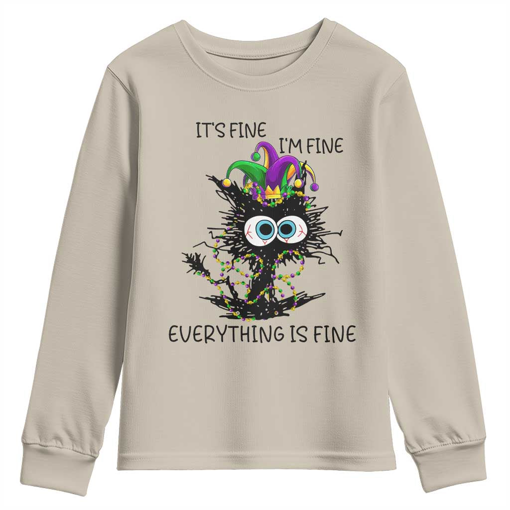 Funny Mardi Gras Cat Youth Sweatshirt It's Fine I'm Fine Everything Is Fine Jester Hat Beads TS11 Sand Print Your Wear