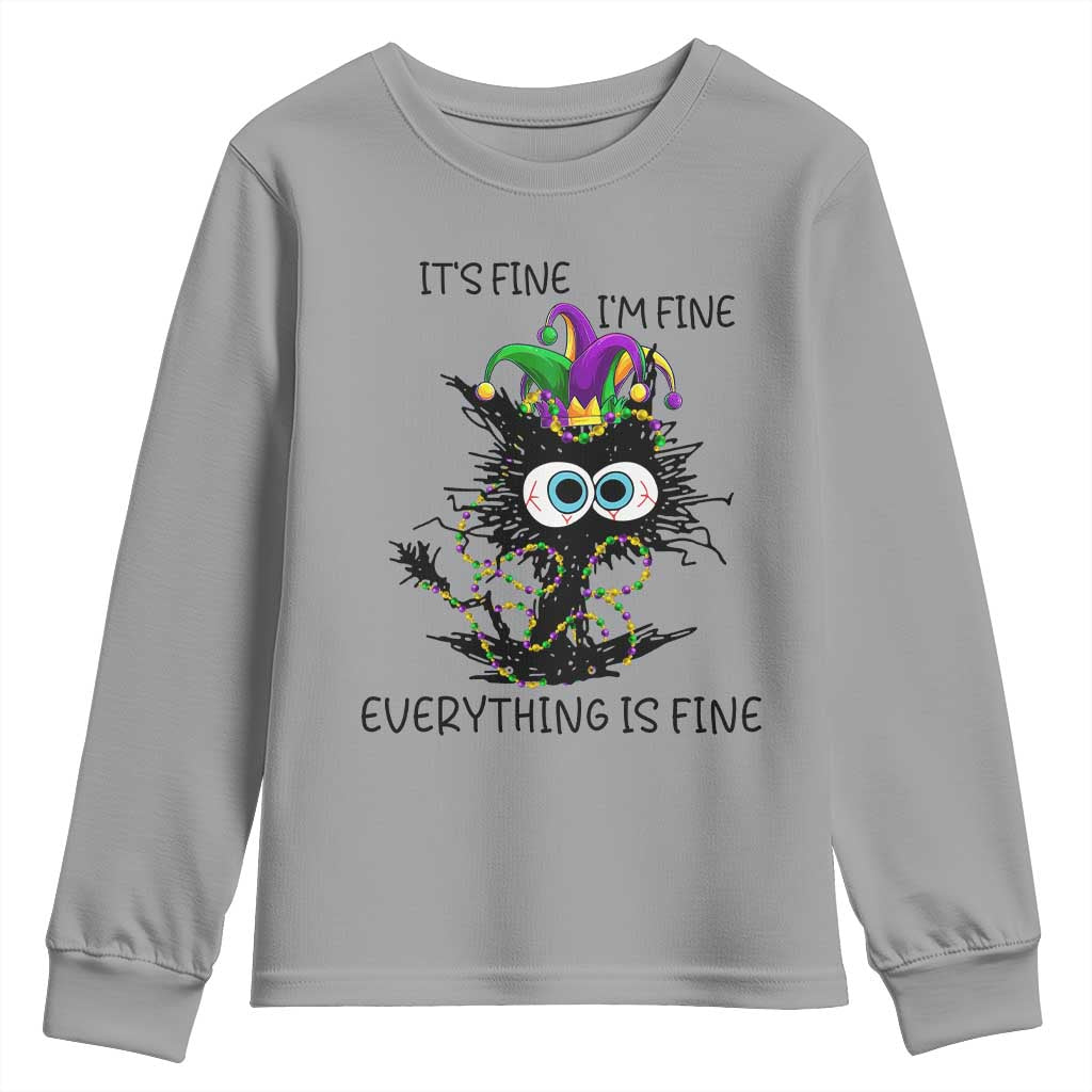 Funny Mardi Gras Cat Youth Sweatshirt It's Fine I'm Fine Everything Is Fine Jester Hat Beads TS11 Sport Gray Print Your Wear