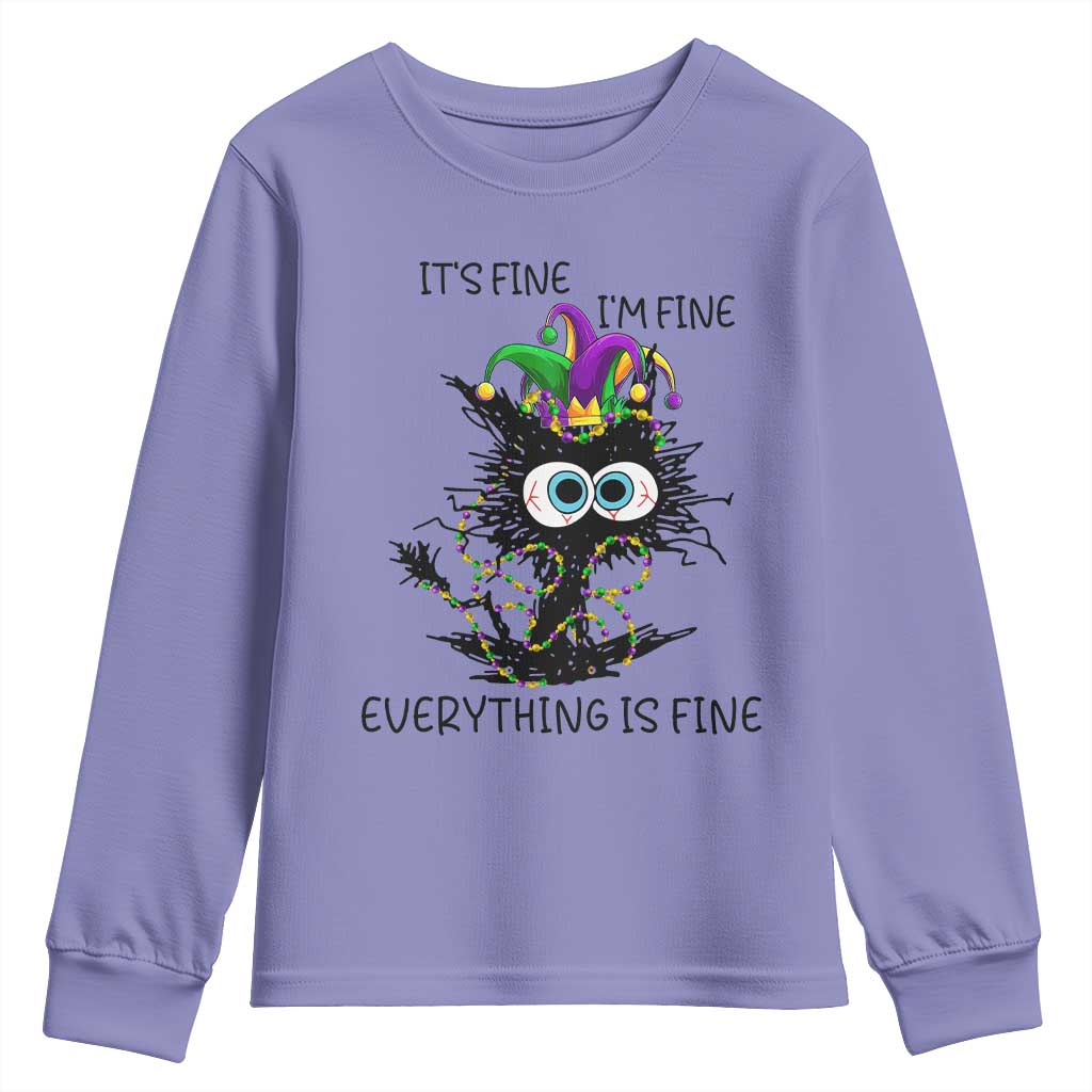 Funny Mardi Gras Cat Youth Sweatshirt It's Fine I'm Fine Everything Is Fine Jester Hat Beads TS11 Violet Print Your Wear