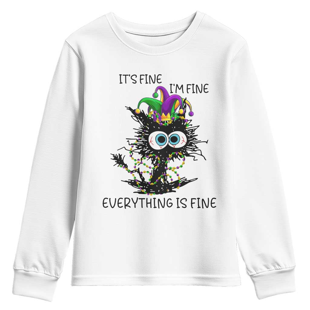 Funny Mardi Gras Cat Youth Sweatshirt It's Fine I'm Fine Everything Is Fine Jester Hat Beads TS11 White Print Your Wear
