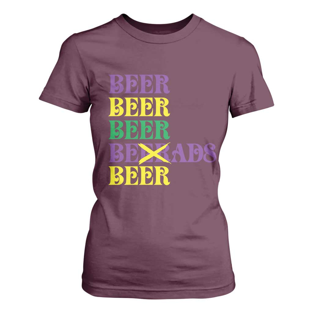 Funny Mardi Gras Drinking T Shirt For Women Retro Beads Beer Carnival Party TS11 Maroon Print Your Wear