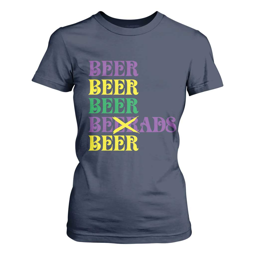 Funny Mardi Gras Drinking T Shirt For Women Retro Beads Beer Carnival Party TS11 Navy Print Your Wear