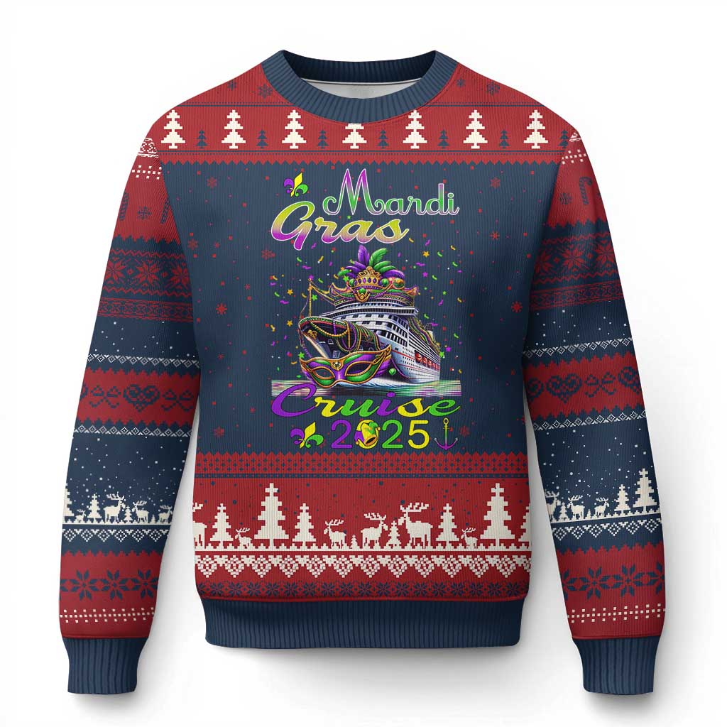 Funny Mardi Gras Cruise 2025 Ugly Christmas Sweater Trip New Orleans Family Matching TS11 Navy Red Print Your Wear