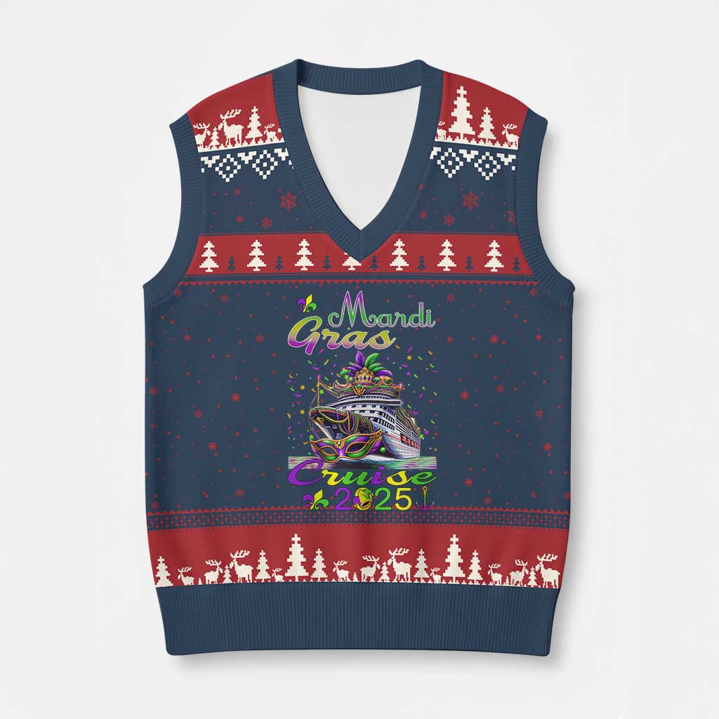 Funny Mardi Gras Cruise 2025 V-Neck Knit Sweater Vest Trip New Orleans Family Matching TS11 Navy Red Print Your Wear