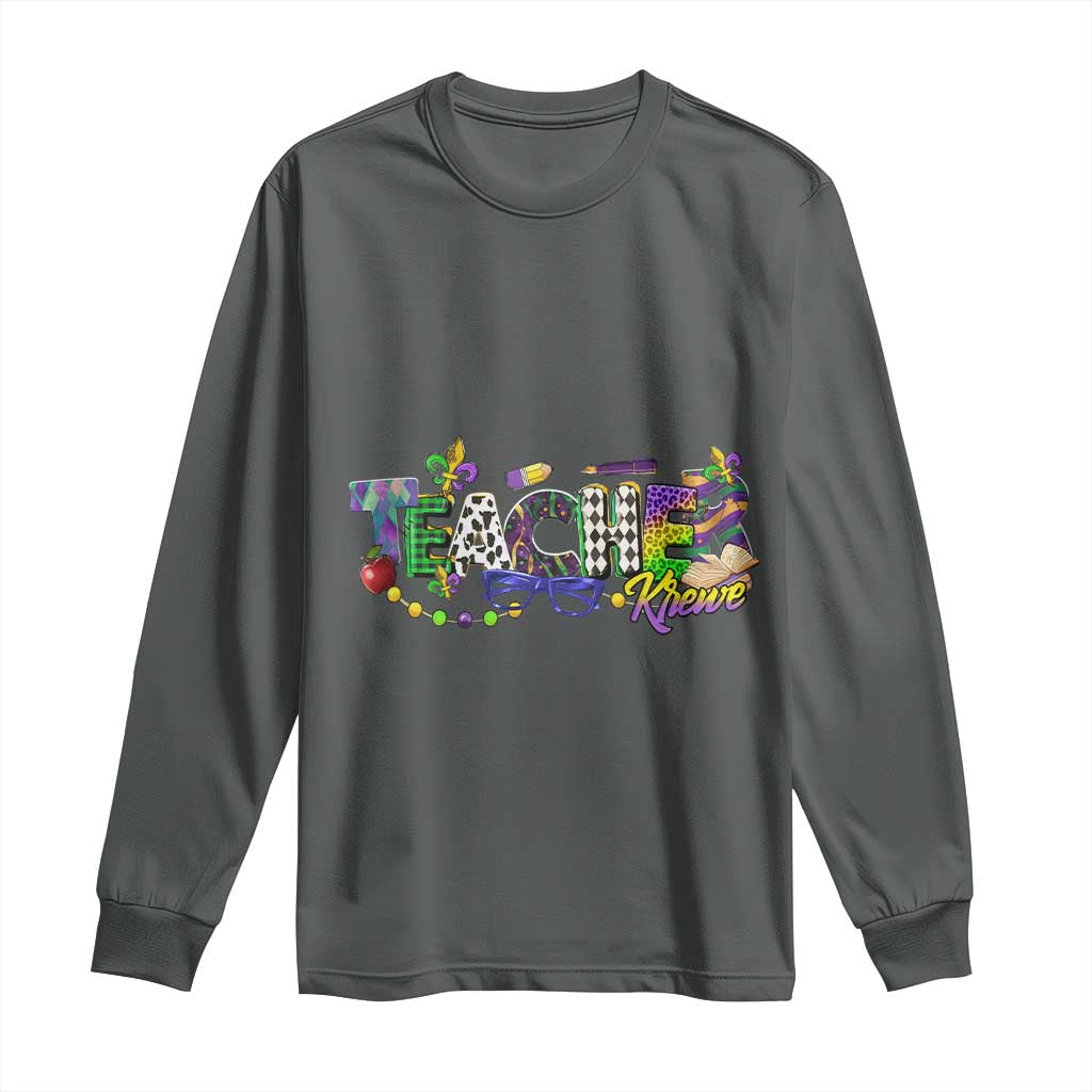 Funny Mardi Gras Teacher Krewe Long Sleeve Shirt Parade Carnival School Beads TS11 Dark Heather Print Your Wear