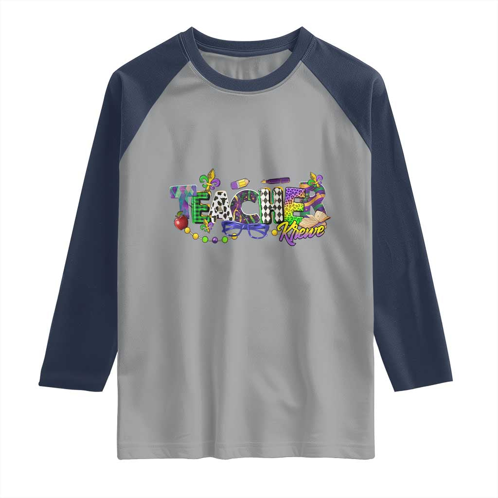 Funny Mardi Gras Teacher Krewe Raglan Shirt Parade Carnival School Beads TS11 Sport Gray Navy Print Your Wear