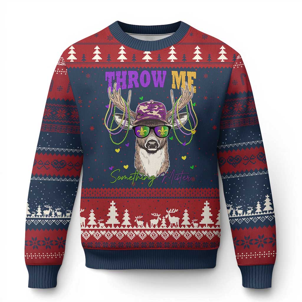 Funny Mardi Gras Mississippi Deer Ugly Christmas Sweater Throw Me Something Mister Beads TS11 Navy Red Print Your Wear