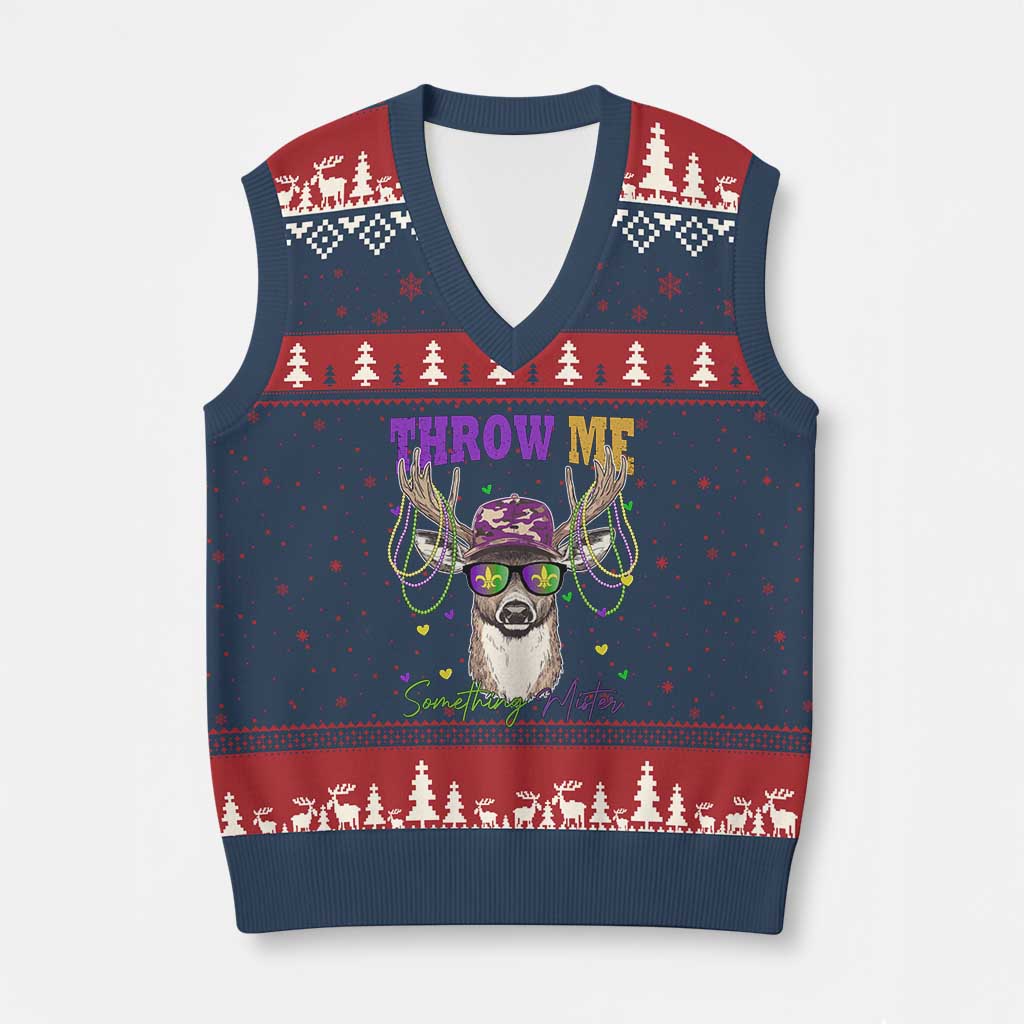 Funny Mardi Gras Mississippi Deer V-Neck Knit Sweater Vest Throw Me Something Mister Beads TS11 Navy Red Print Your Wear