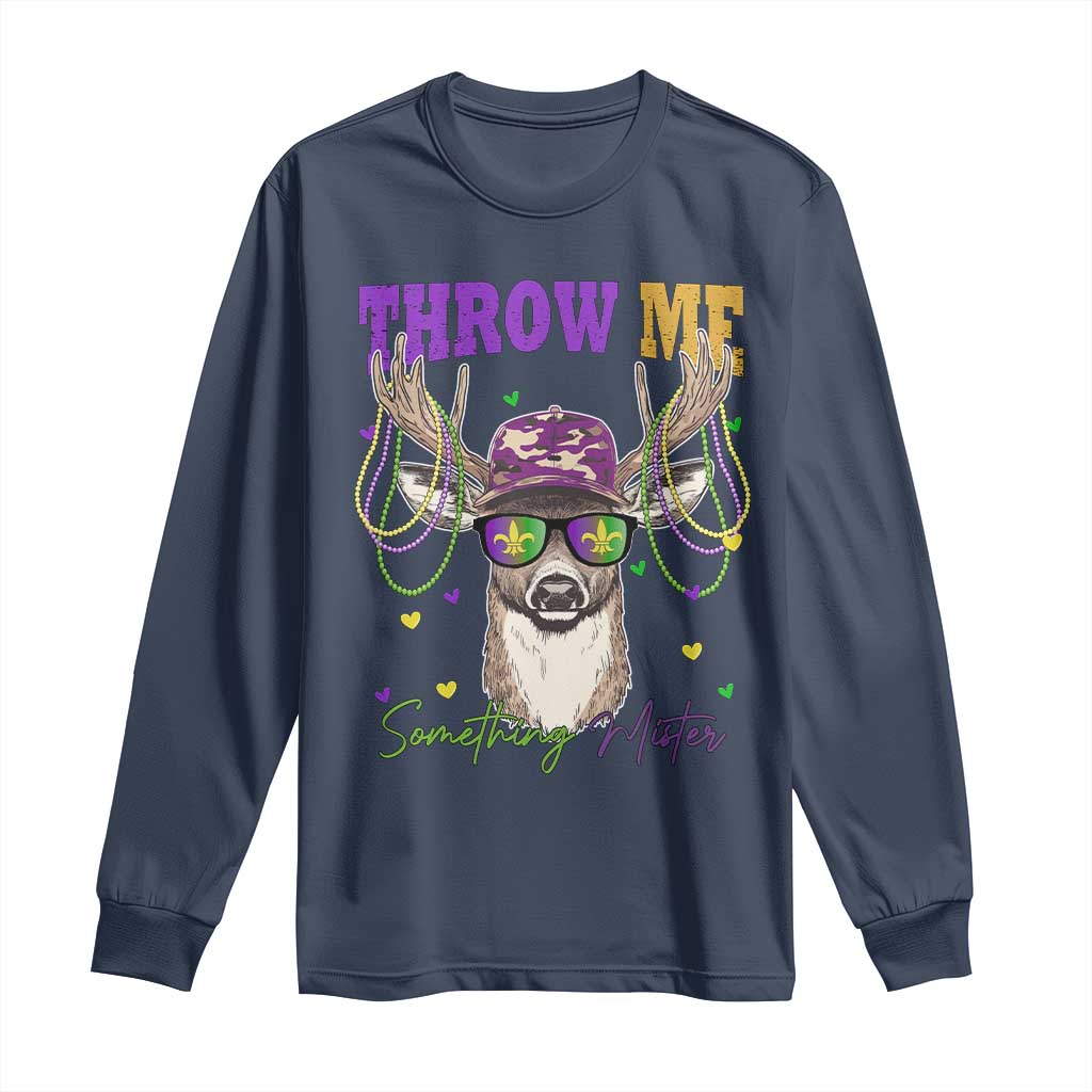 Funny Mardi Gras Mississippi Deer Long Sleeve Shirt Throw Me Something Mister Beads TS11 Navy Print Your Wear
