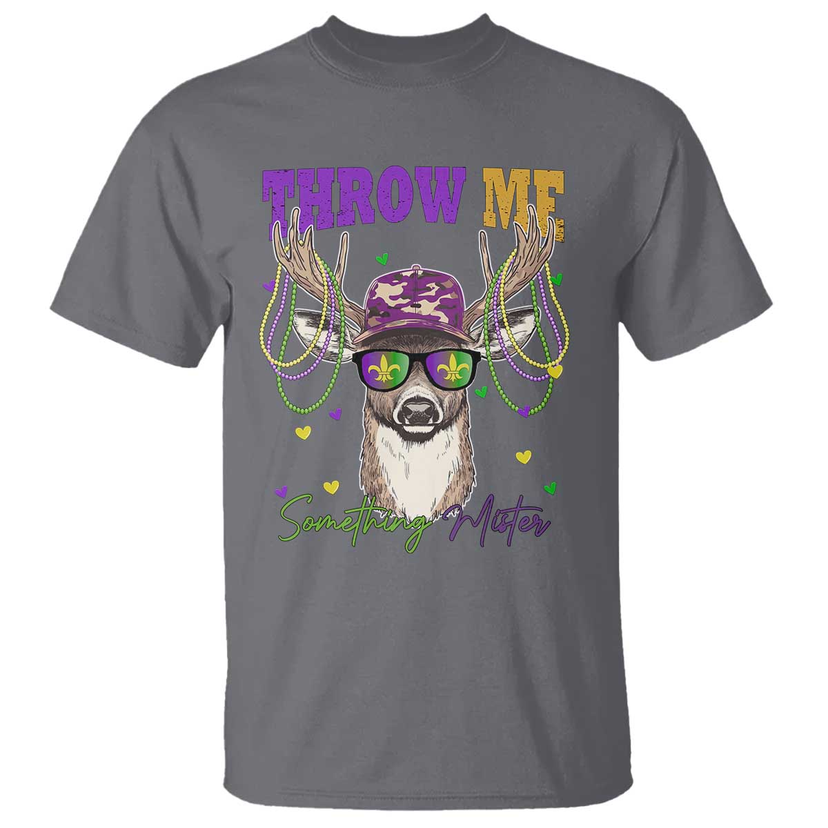 Funny Mardi Gras Mississippi Deer T Shirt Throw Me Something Mister Beads TS11 Charcoal Print Your Wear