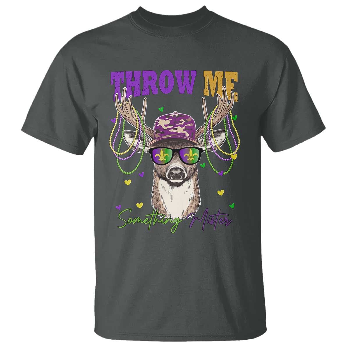 Funny Mardi Gras Mississippi Deer T Shirt Throw Me Something Mister Beads TS11 Dark Heather Print Your Wear
