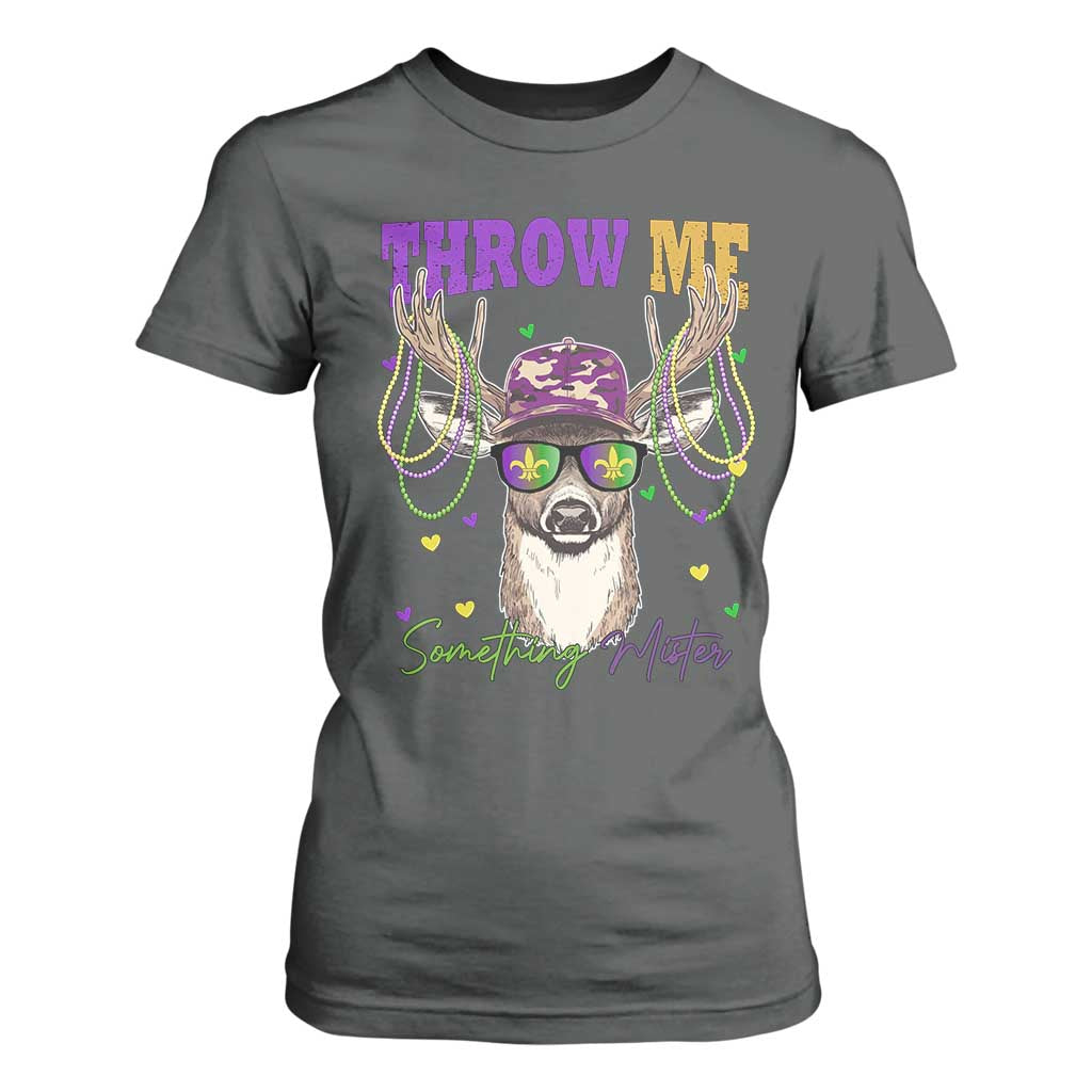 Funny Mardi Gras Mississippi Deer T Shirt For Women Throw Me Something Mister Beads TS11 Dark Heather Print Your Wear