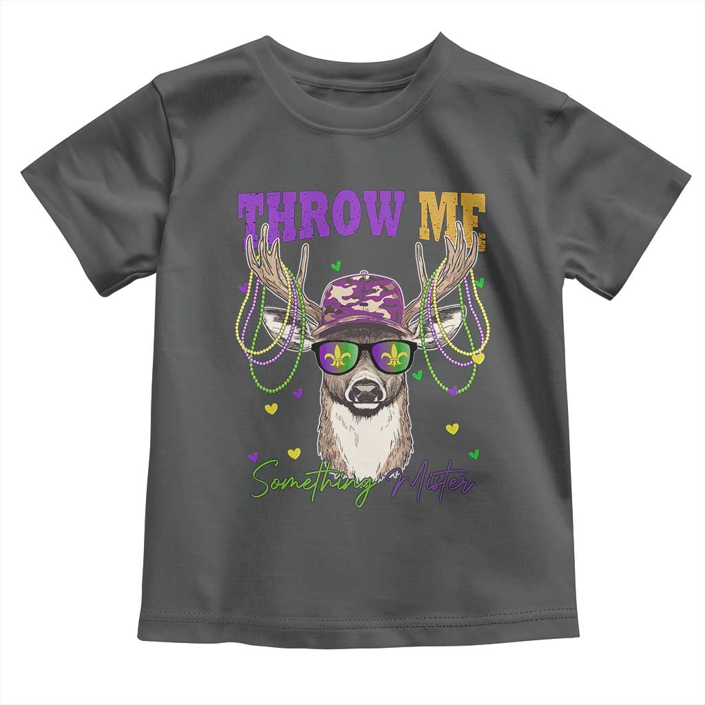 Funny Mardi Gras Mississippi Deer Toddler T Shirt Throw Me Something Mister Beads TS11 Dark Heather Print Your Wear