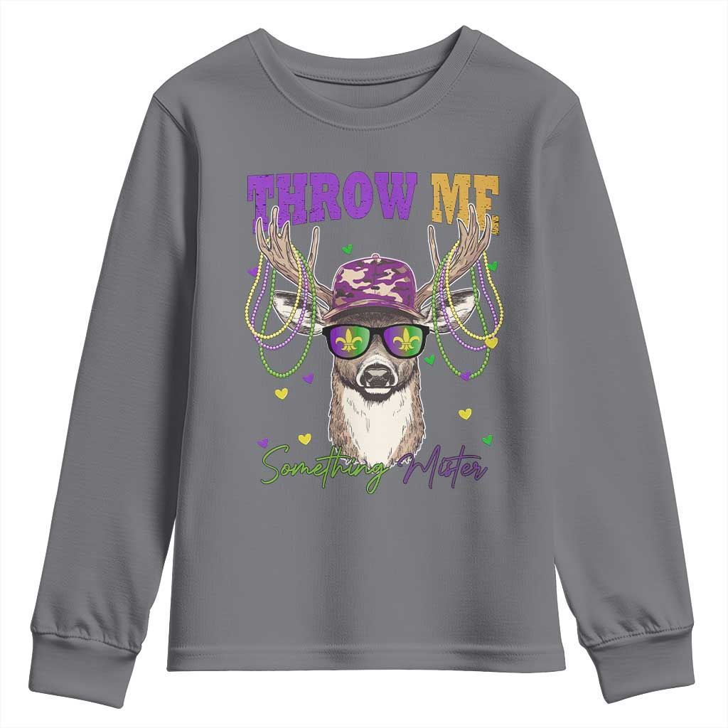 Funny Mardi Gras Mississippi Deer Youth Sweatshirt Throw Me Something Mister Beads TS11 Charcoal Print Your Wear