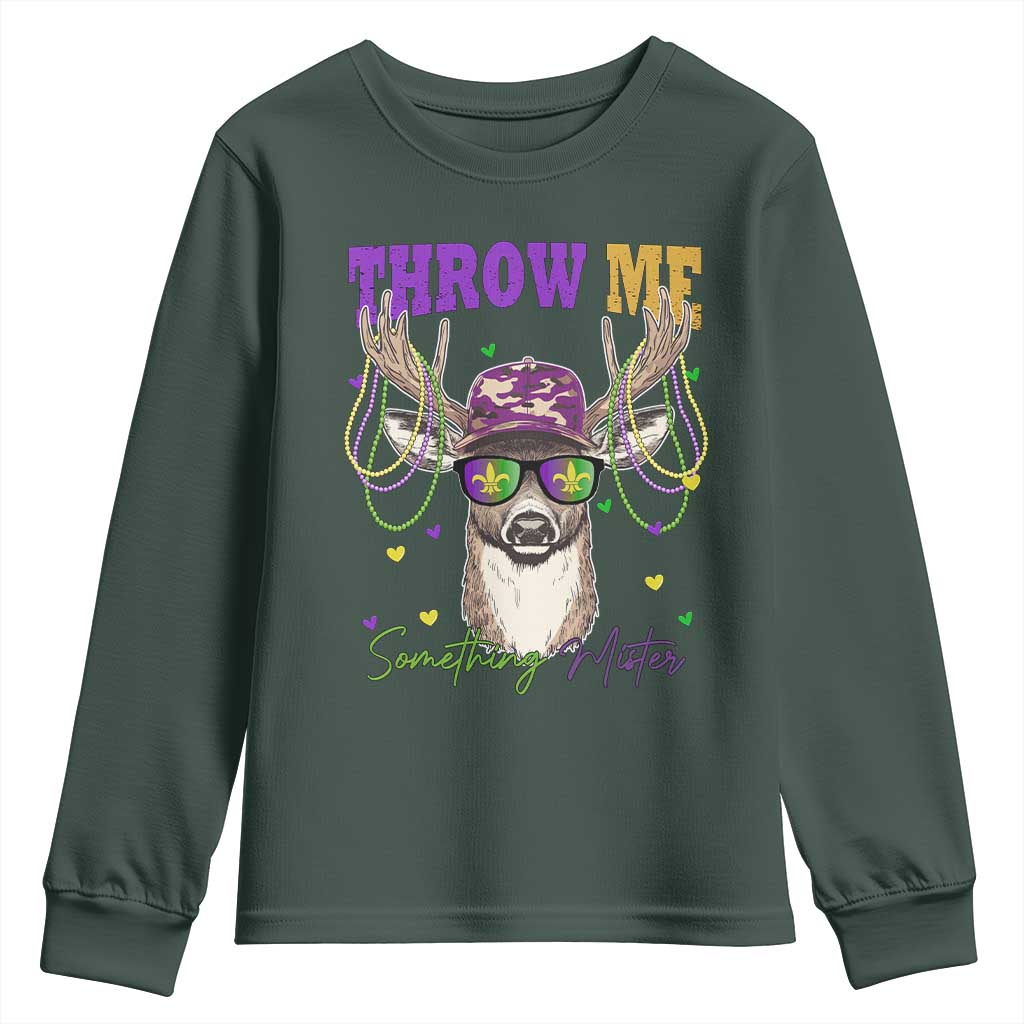 Funny Mardi Gras Mississippi Deer Youth Sweatshirt Throw Me Something Mister Beads TS11 Dark Forest Green Print Your Wear