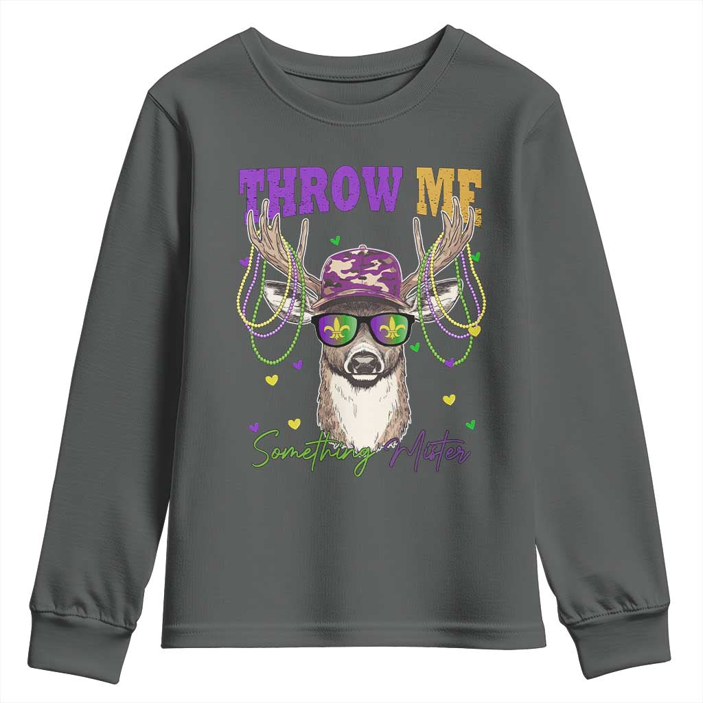 Funny Mardi Gras Mississippi Deer Youth Sweatshirt Throw Me Something Mister Beads TS11 Dark Heather Print Your Wear