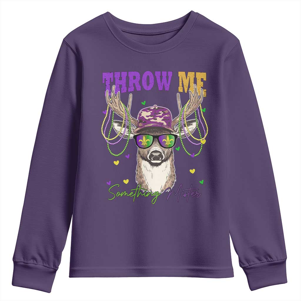 Funny Mardi Gras Mississippi Deer Youth Sweatshirt Throw Me Something Mister Beads TS11 Purple Print Your Wear