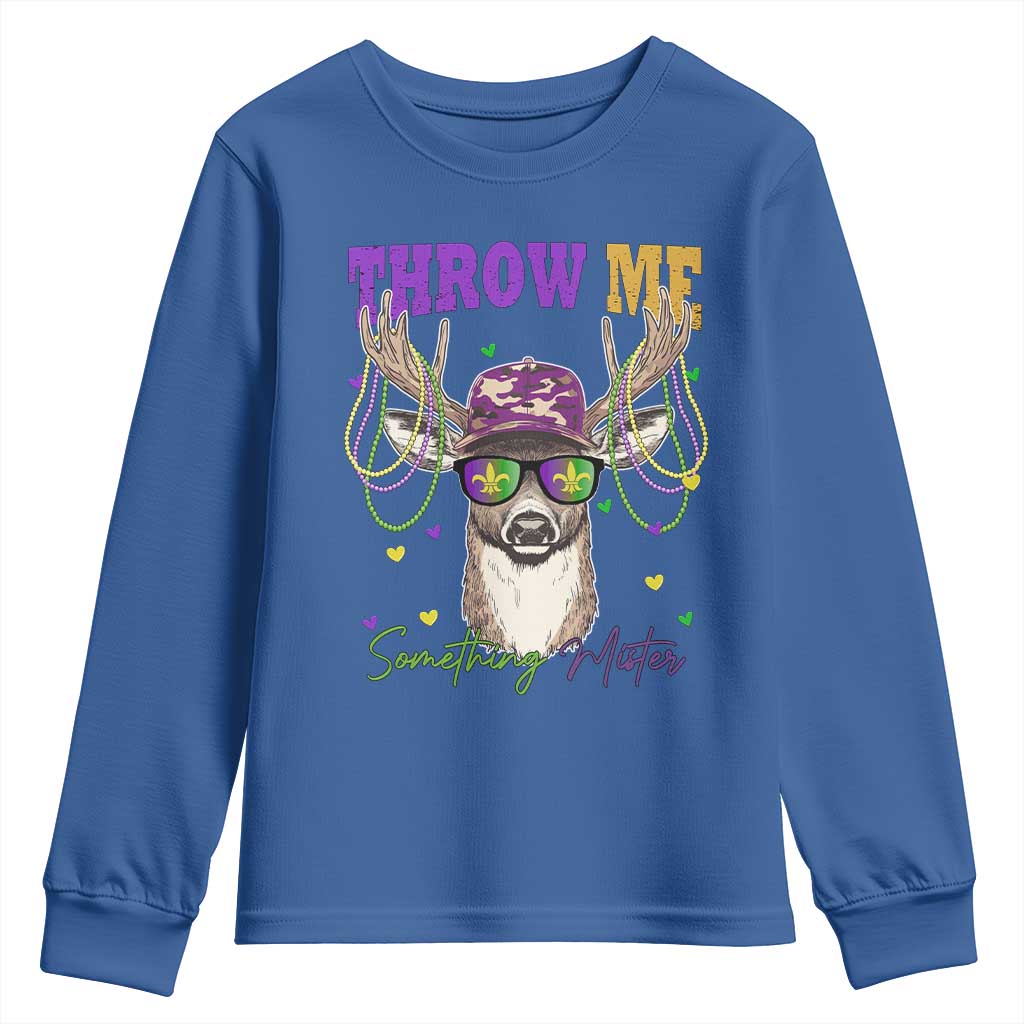 Funny Mardi Gras Mississippi Deer Youth Sweatshirt Throw Me Something Mister Beads TS11 Royal Blue Print Your Wear