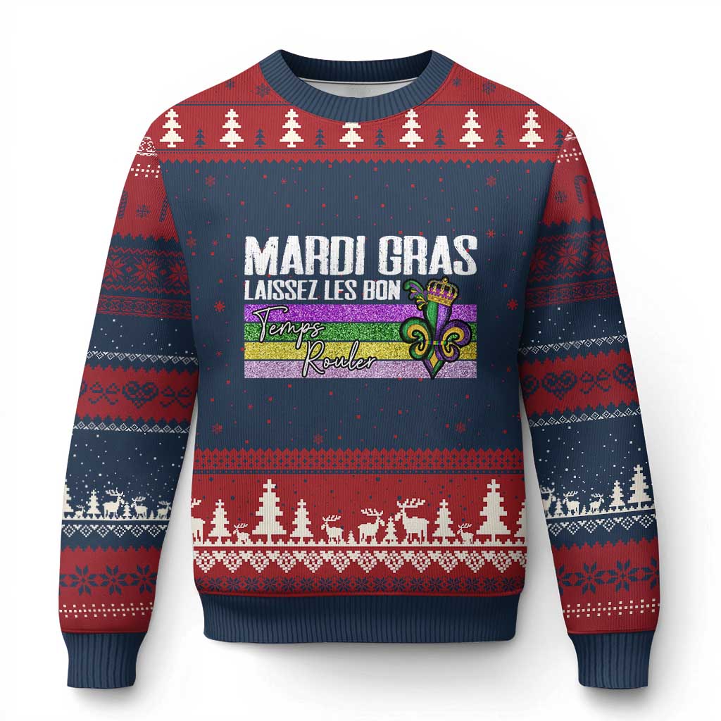 Funny Mardi Gras Laissez Les Bon Temps Rouler Ugly Christmas Sweater Fleur De Lis Glitter Print TS11 Navy Red Print Your Wear