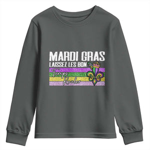 Funny Mardi Gras Laissez Les Bon Temps Rouler Youth Sweatshirt Fleur De Lis Glitter Print TS11 Dark Heather Print Your Wear