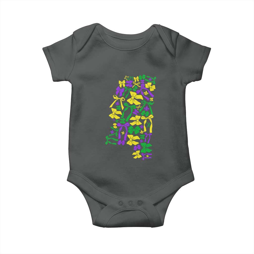 Funny Mardi Gras Mississippi Map Coquette Bow Baby Onesie TS11 Dark Heather Print Your Wear