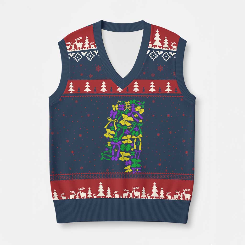 Funny Mardi Gras Mississippi Map Coquette Bow V-Neck Knit Sweater Vest TS11 Navy Red Print Your Wear