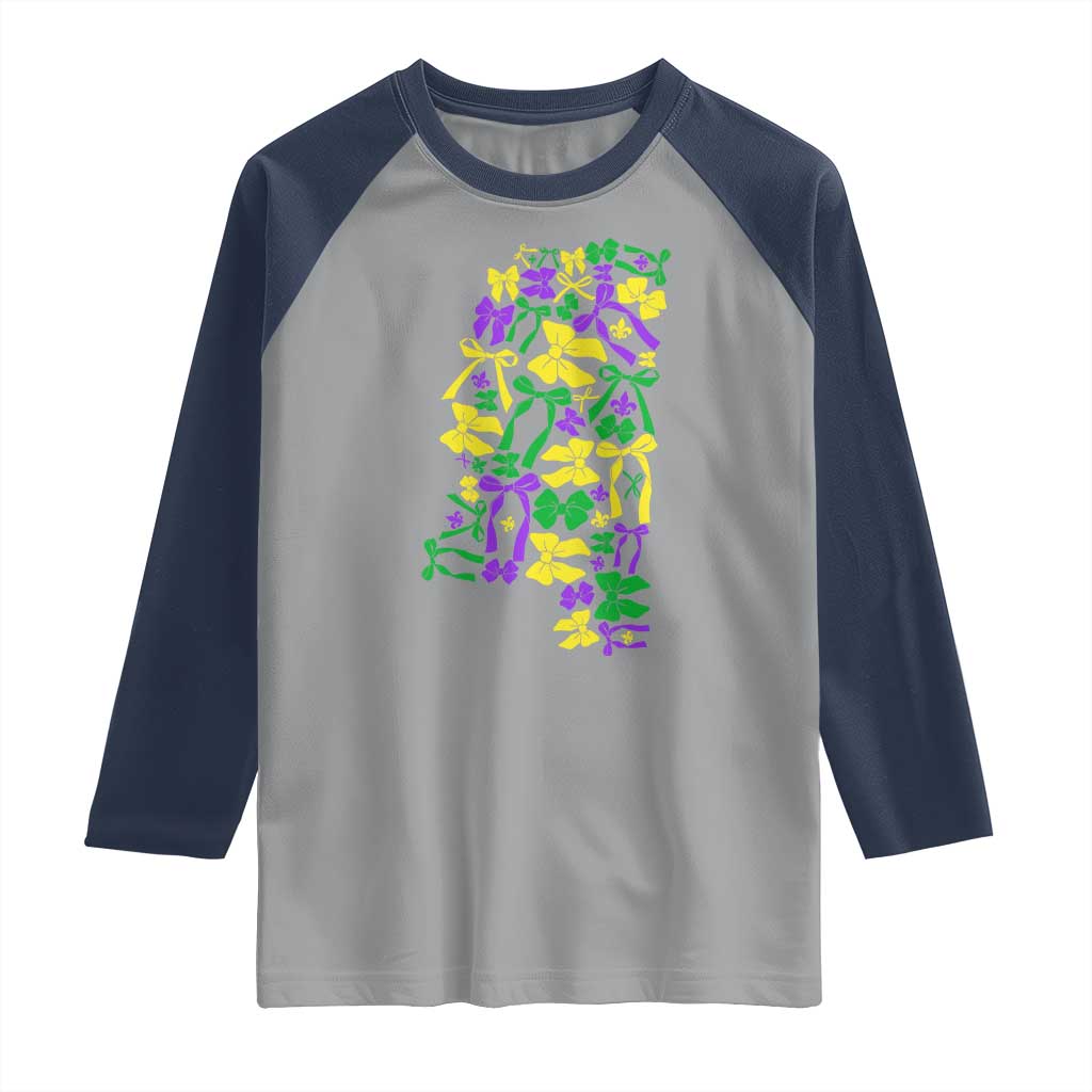 Funny Mardi Gras Mississippi Map Coquette Bow Raglan Shirt TS11 Sport Gray Navy Print Your Wear