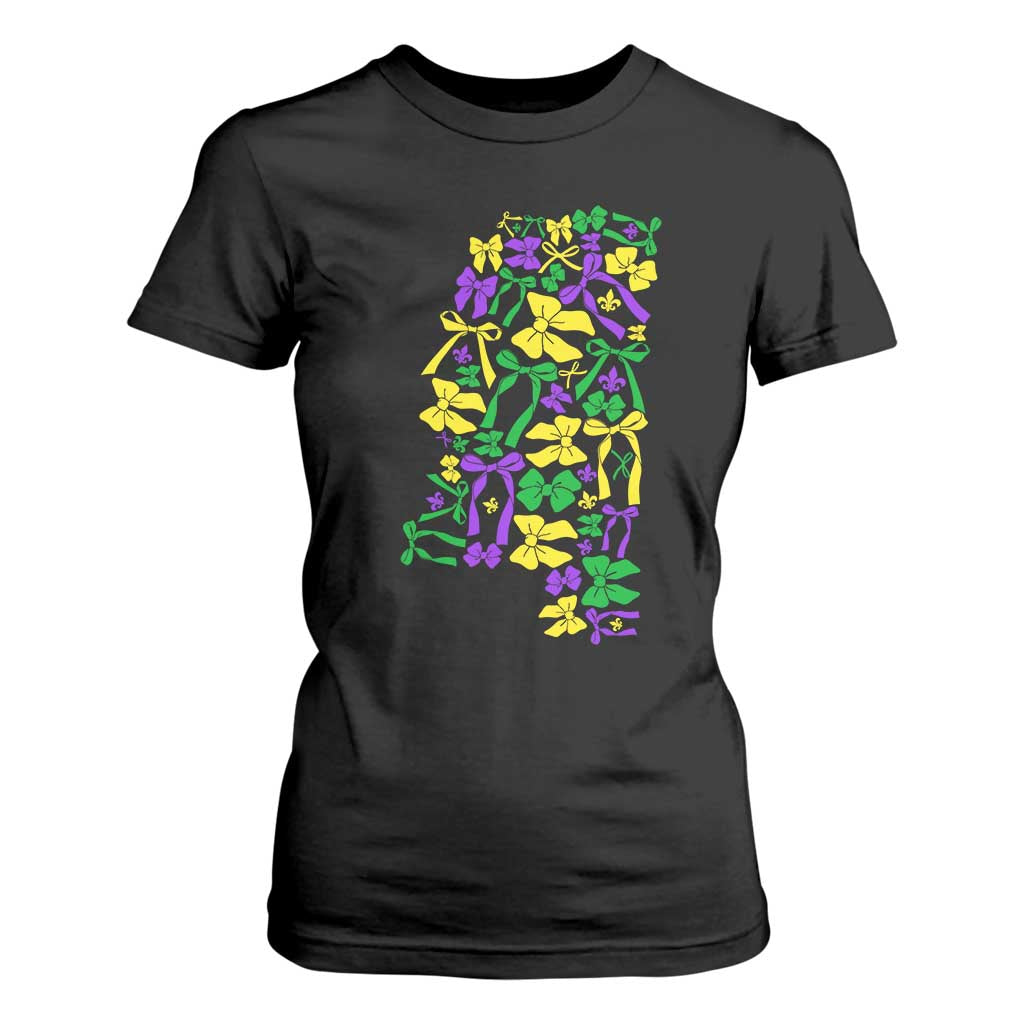 Funny Mardi Gras Mississippi Map Coquette Bow T Shirt For Women TS11 Black Print Your Wear