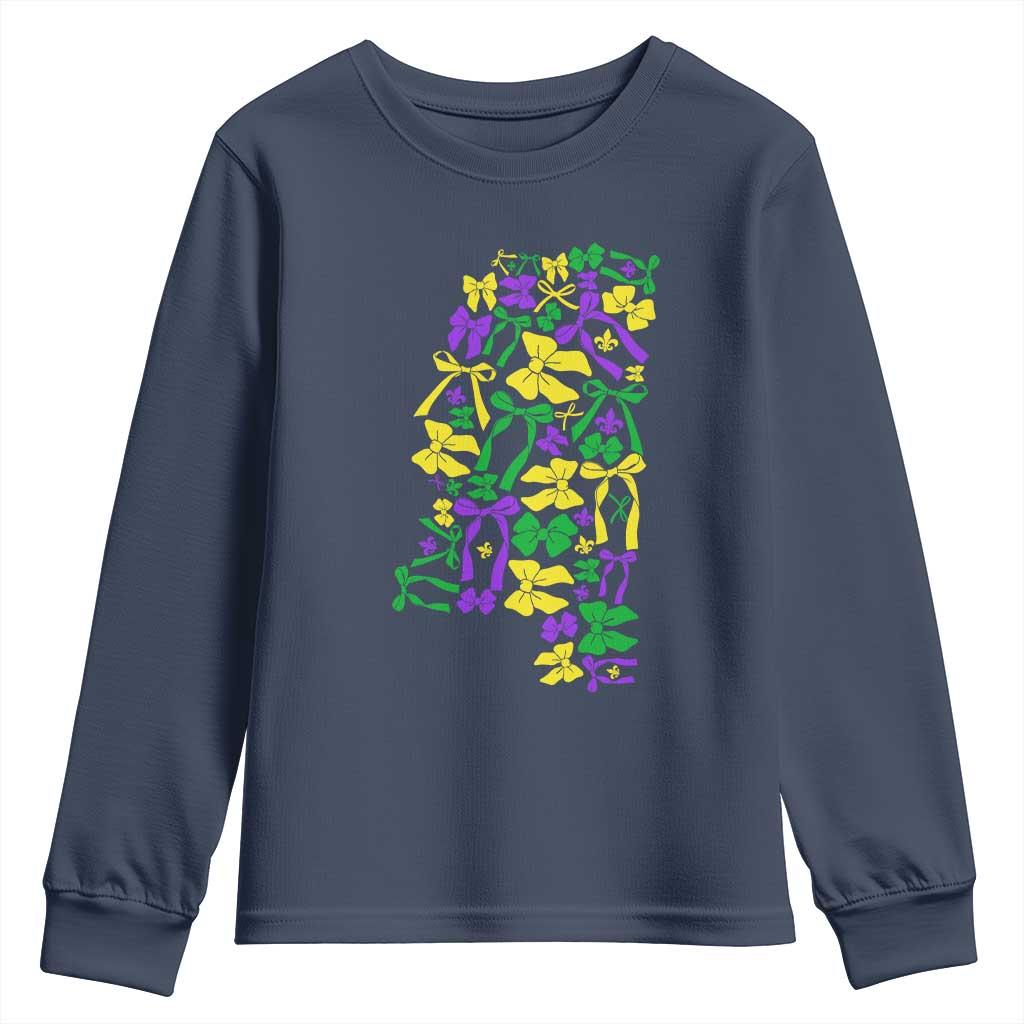 Funny Mardi Gras Mississippi Map Coquette Bow Youth Sweatshirt TS11 Navy Print Your Wear