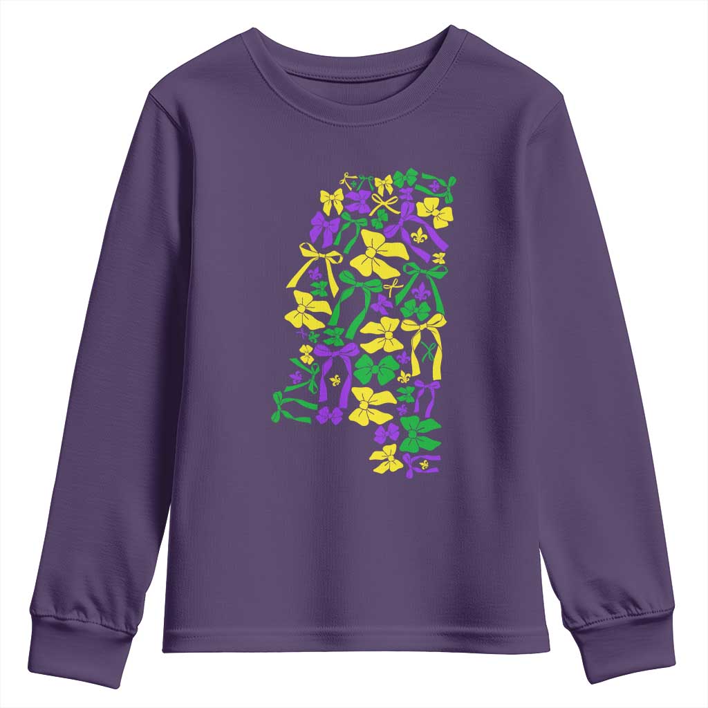 Funny Mardi Gras Mississippi Map Coquette Bow Youth Sweatshirt TS11 Purple Print Your Wear